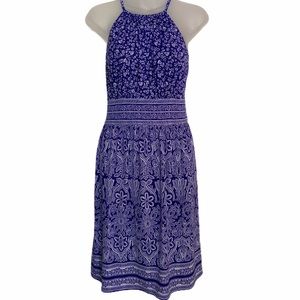 London Times Blue Keyhole Halter Dress Mid Length